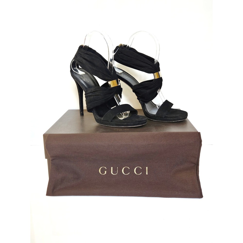 Gucci Nero Black Suede Draped Gold Hardware Stiletto Sandals Size 38 Box Dustbag